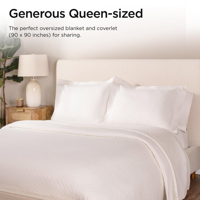 Threadmill Luxury Cotton Blankets for Queen Size Bed | All-Season 100% Cotton Queen Size Blanket | Criss Cross Jacquard Cozy Lightweight, Soft Breathable Coverlet fits Full Size Bed, 90x92 | White - Image 2